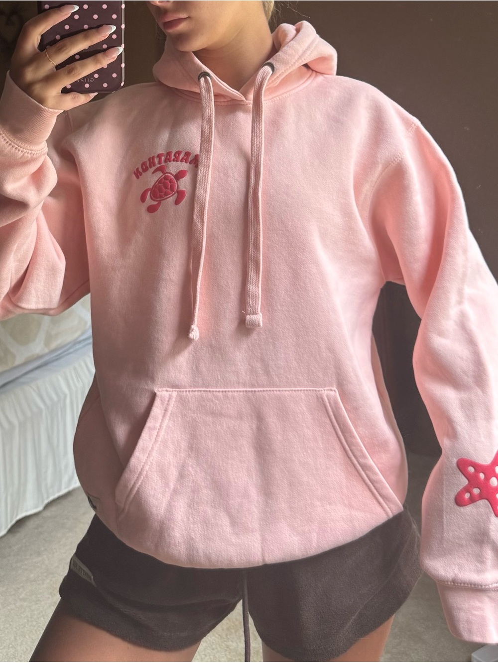 surf style Light Pink Turtle Hoodie with Star Sleeve Accent
